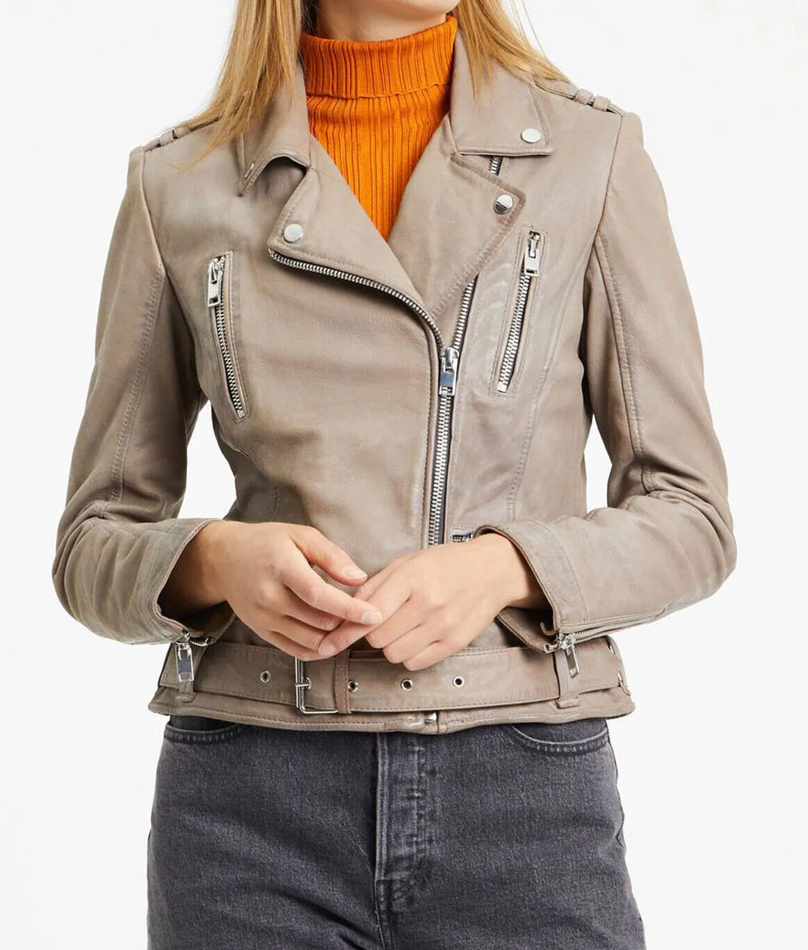 Blouson cuir femme gris style biker