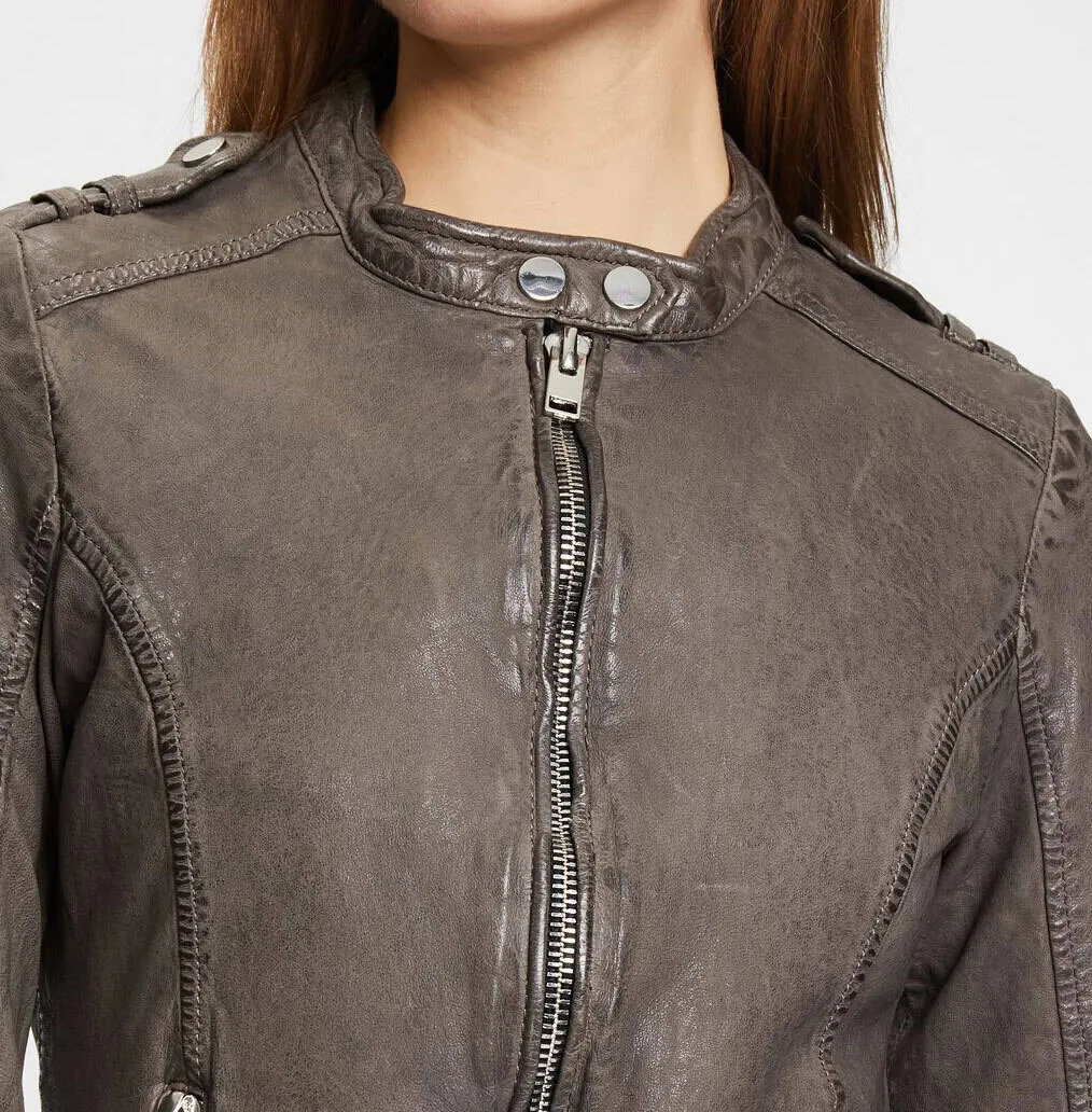 Blouson cuir femme gris style moto