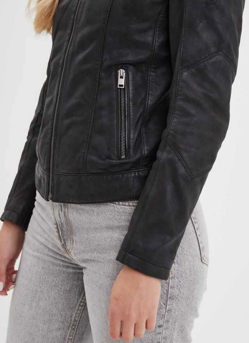 Blouson cuir femme noir style moto Rose Garden