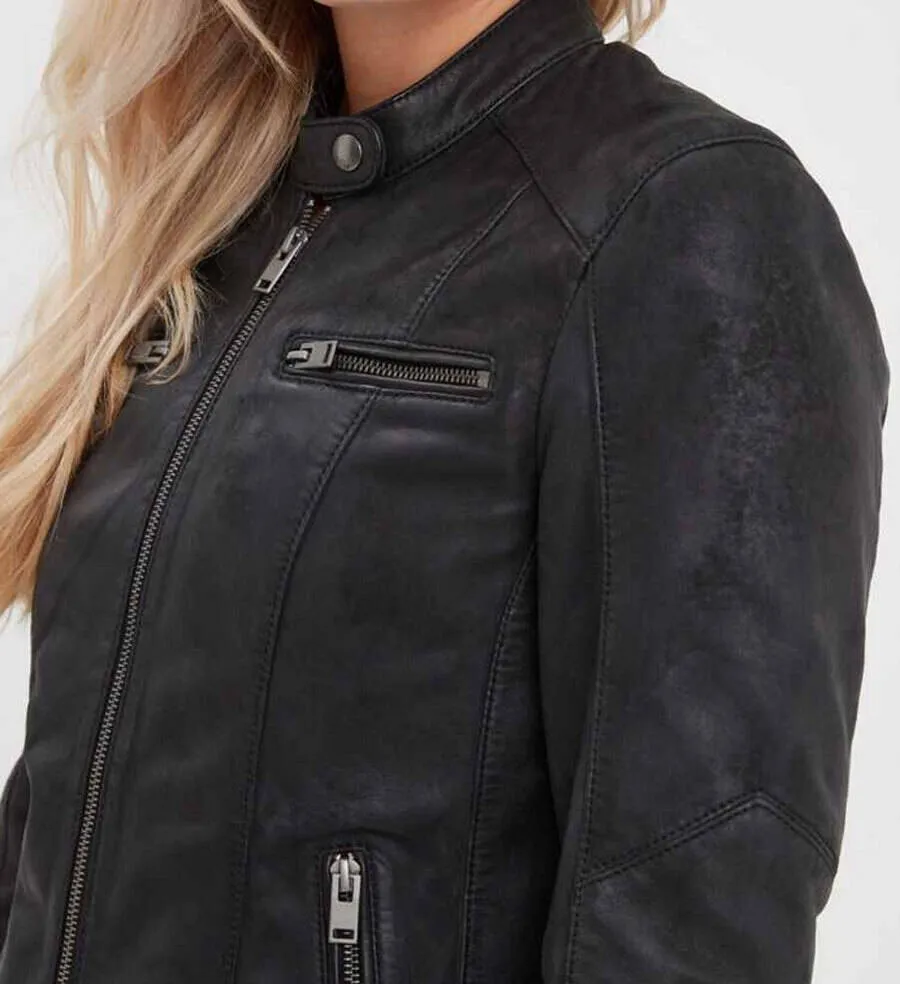 Blouson cuir femme noir style moto Rose Garden