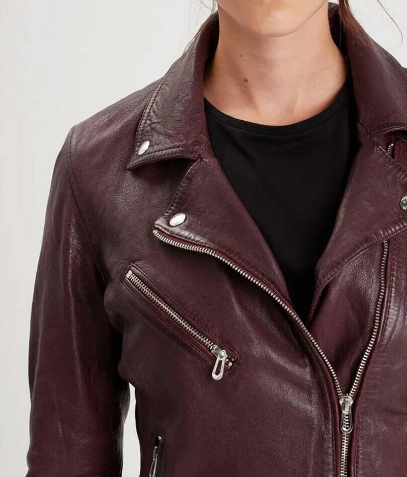 Blouson cuir femme style biker burgundy