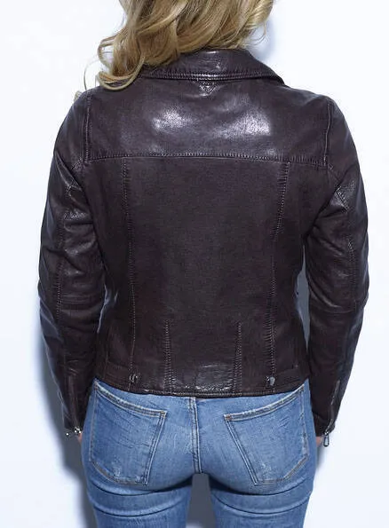 Blouson cuir femme style biker marron