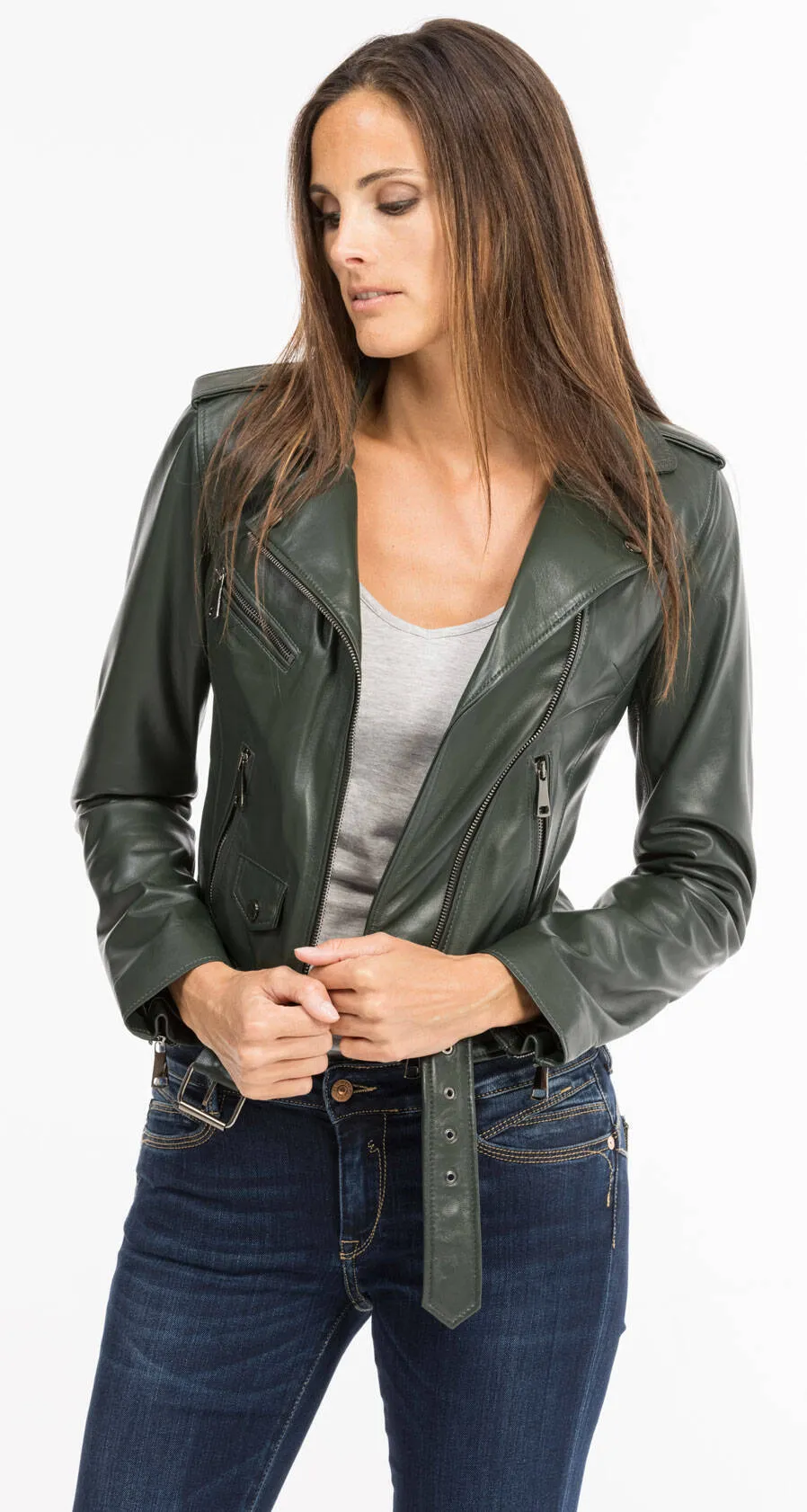 Blouson cuir femme vert foncé style biker