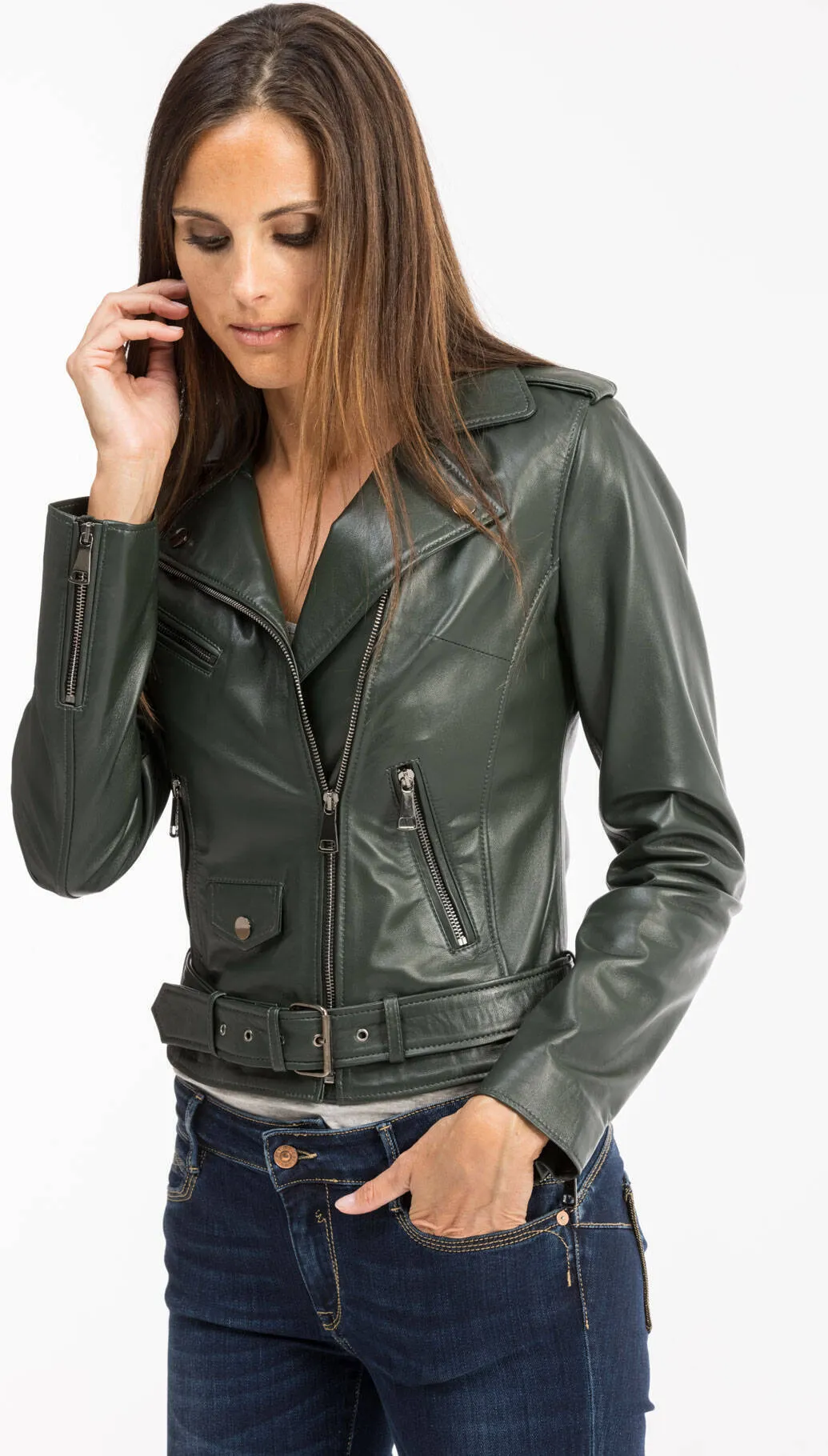 Blouson cuir femme vert foncé style biker