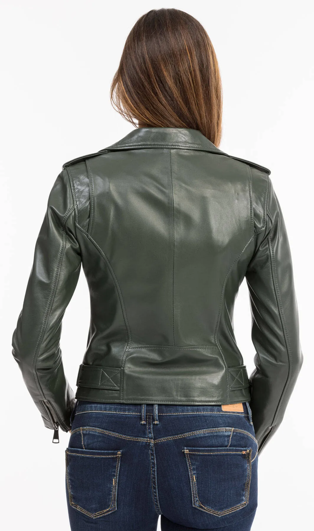 Blouson cuir femme vert foncé style biker