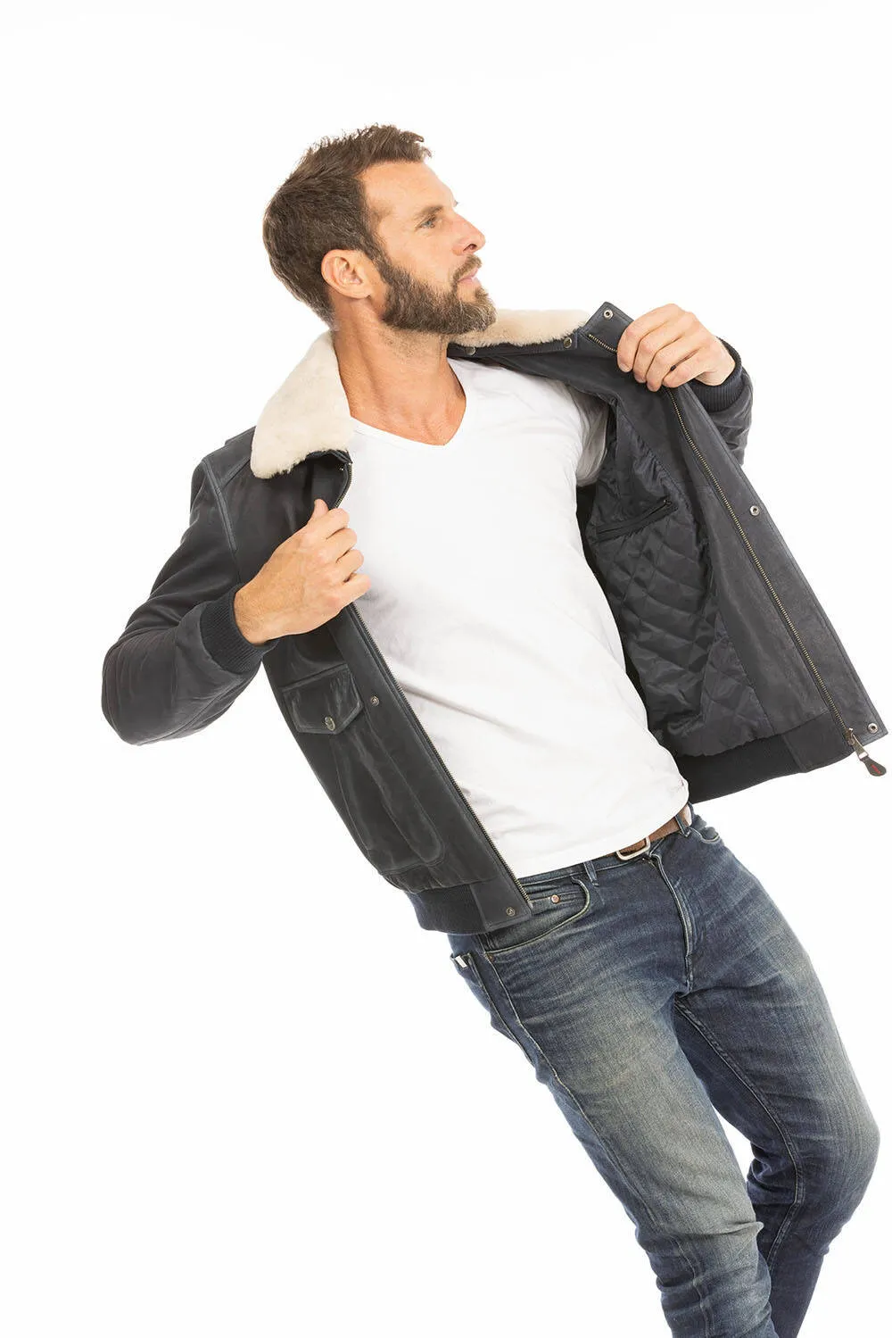 Blouson cuir homme bleu style pilote classique