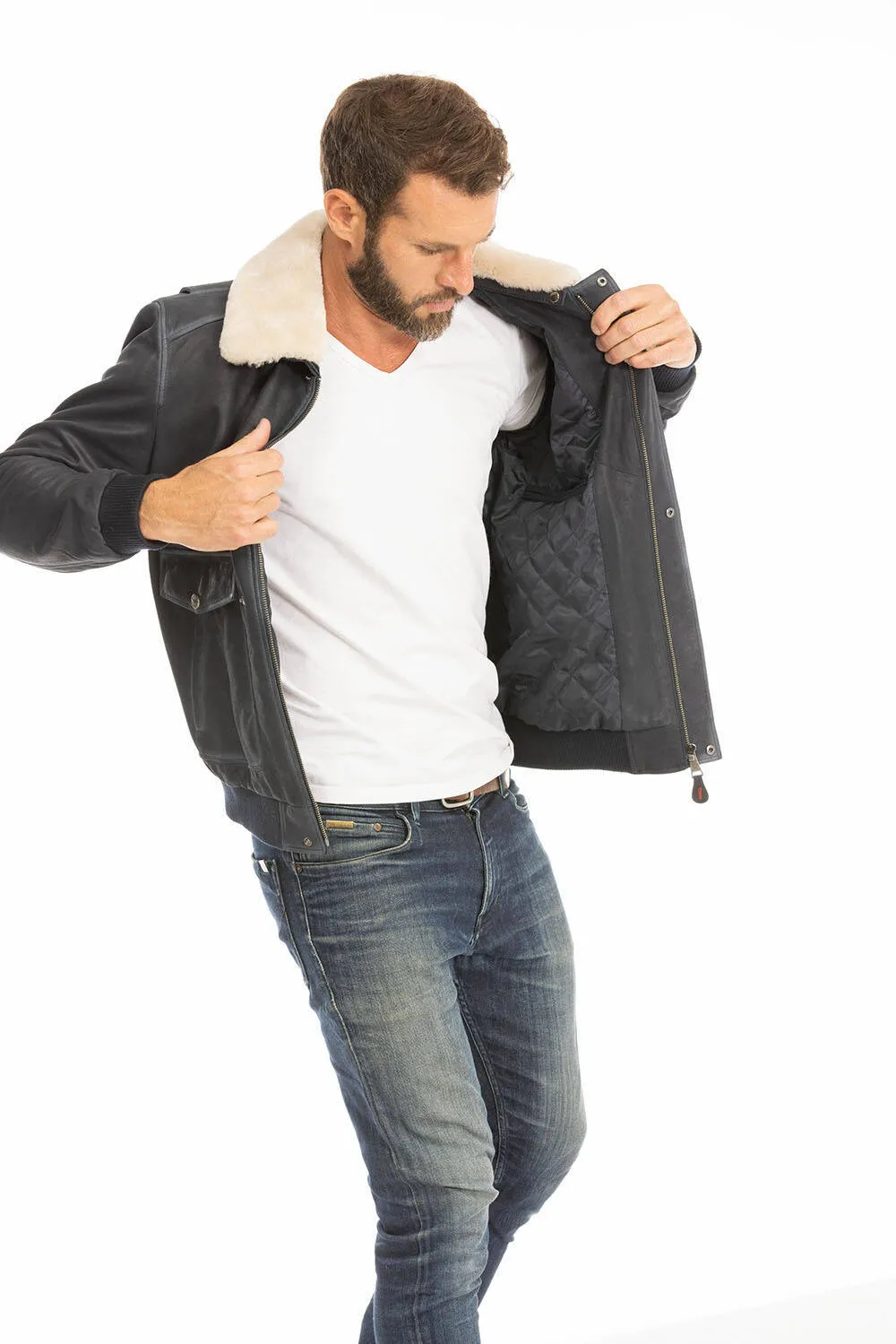 Blouson cuir homme bleu style pilote classique