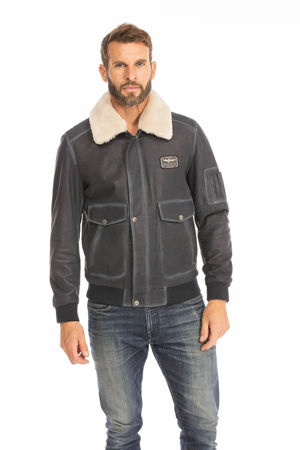 Blouson cuir homme bleu style pilote classique