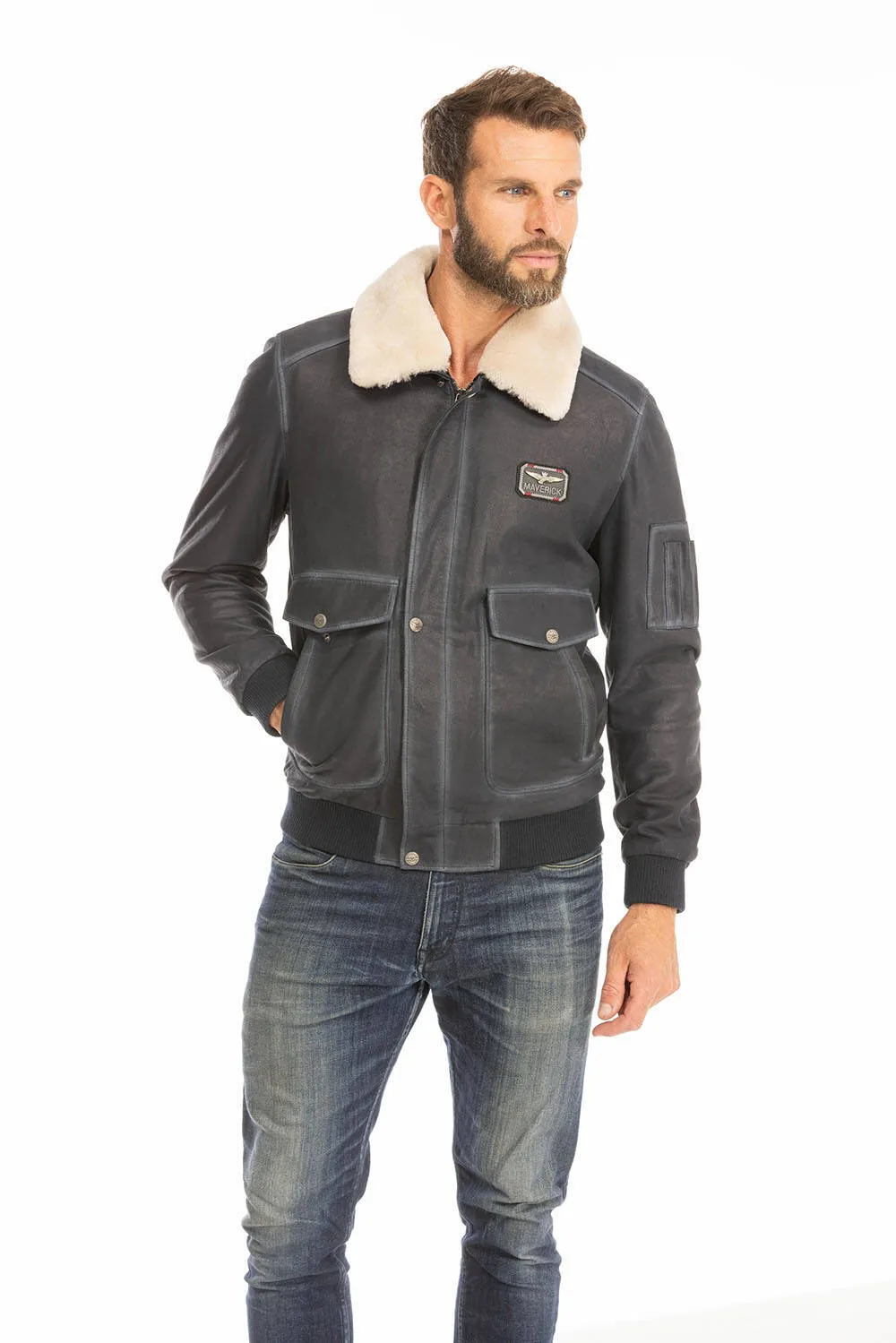 Blouson cuir homme bleu style pilote classique