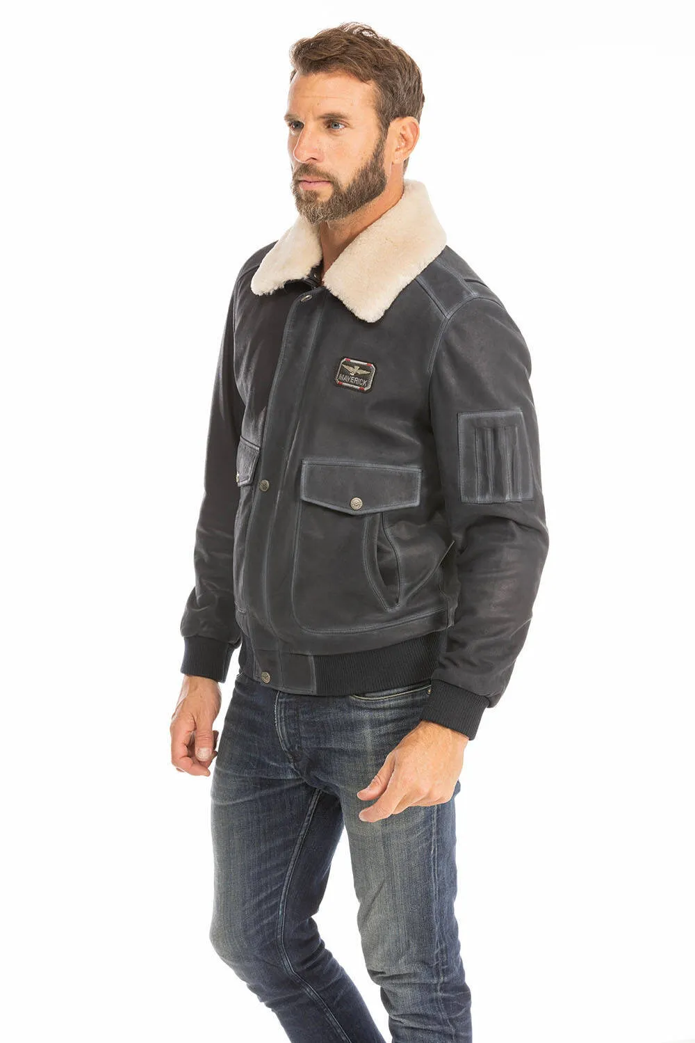 Blouson cuir homme bleu style pilote classique