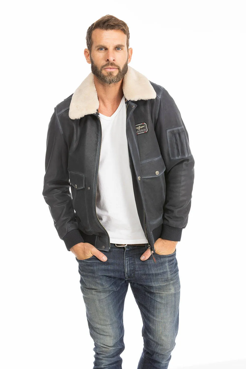 Blouson cuir homme bleu style pilote classique