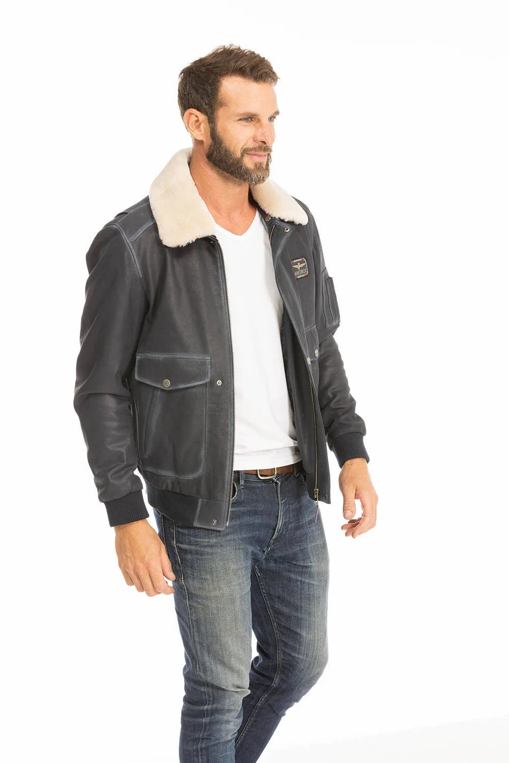 Blouson cuir homme bleu style pilote classique