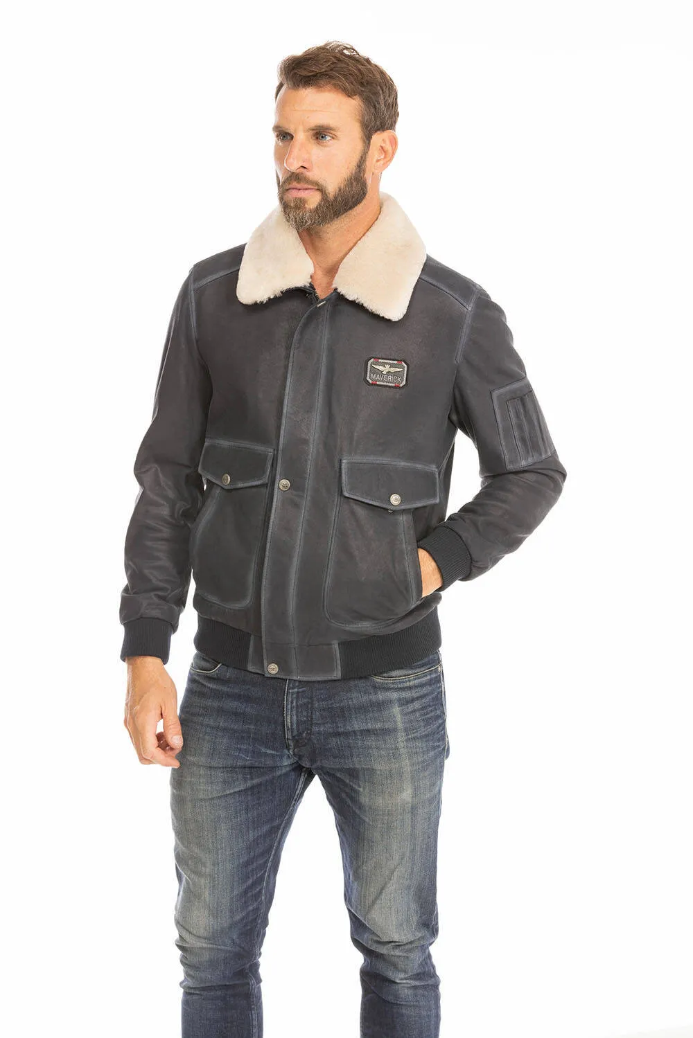 Blouson cuir homme bleu style pilote classique