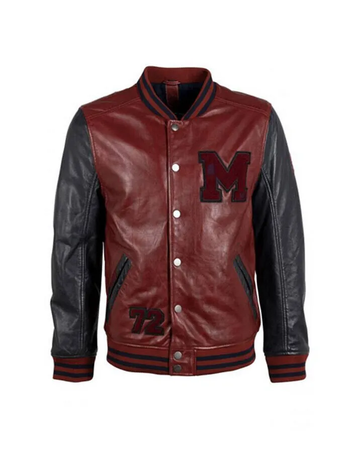 Blouson cuir homme rouge et noir style teddy