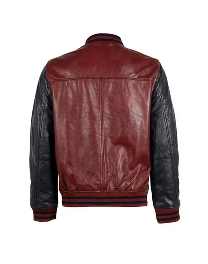 Blouson cuir homme rouge et noir style teddy