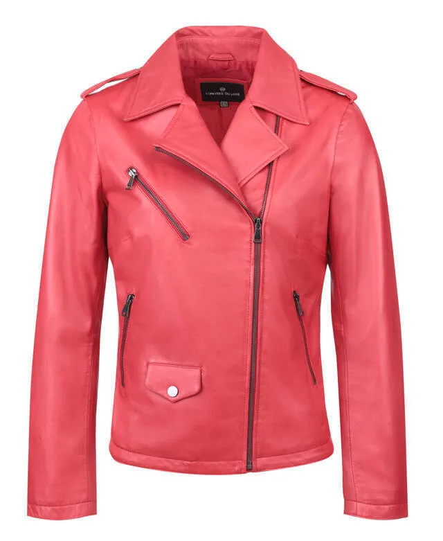 Blouson de cuir femme rouge style biker