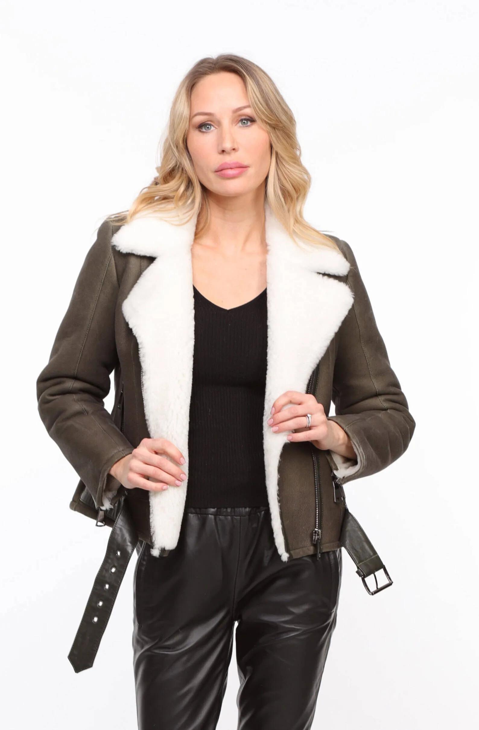 Blouson mouton kaki femme style biker