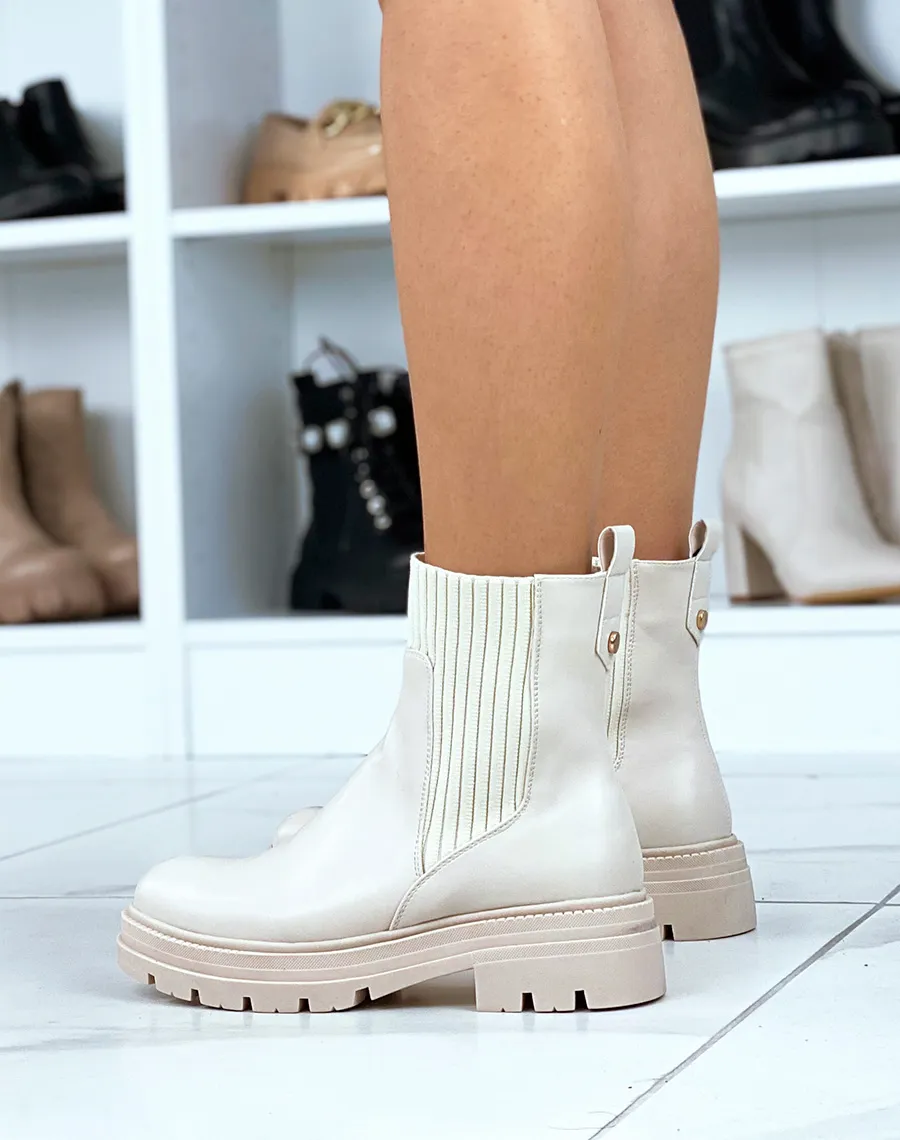 Bottines beiges bi-matière effet chaussette talonnées