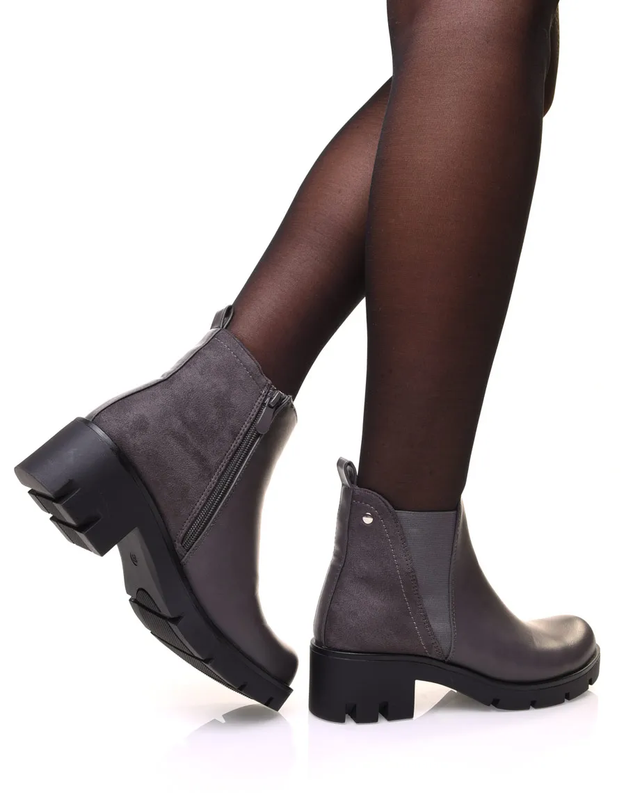 Bottines grises bi matières et élastique échancré