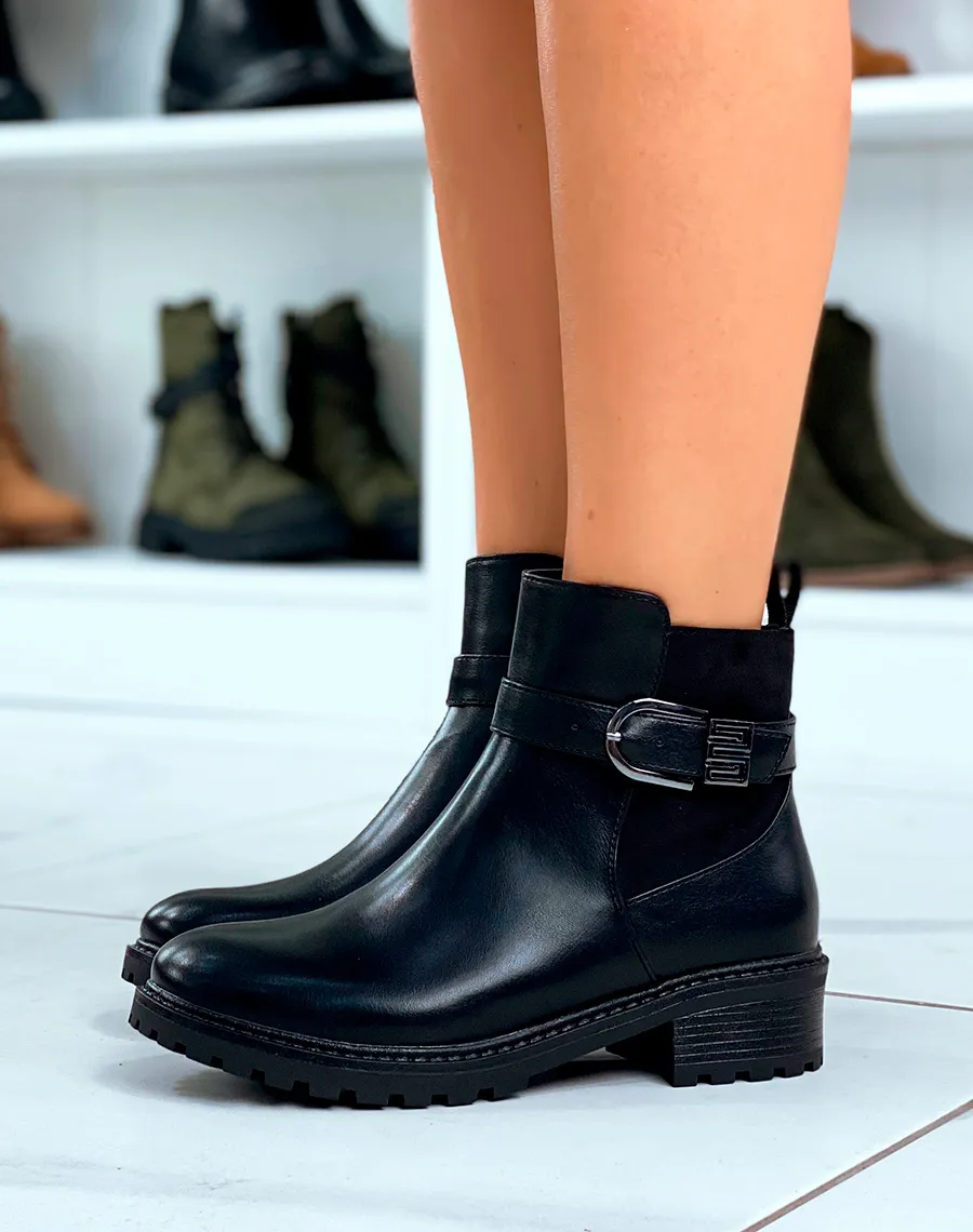 Bottines noires bi-matière avec une touche d'argenté