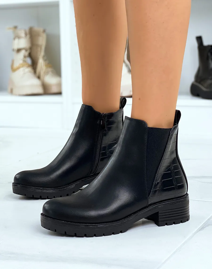 Bottines noires bi-matière à petit talon et élastique triangle