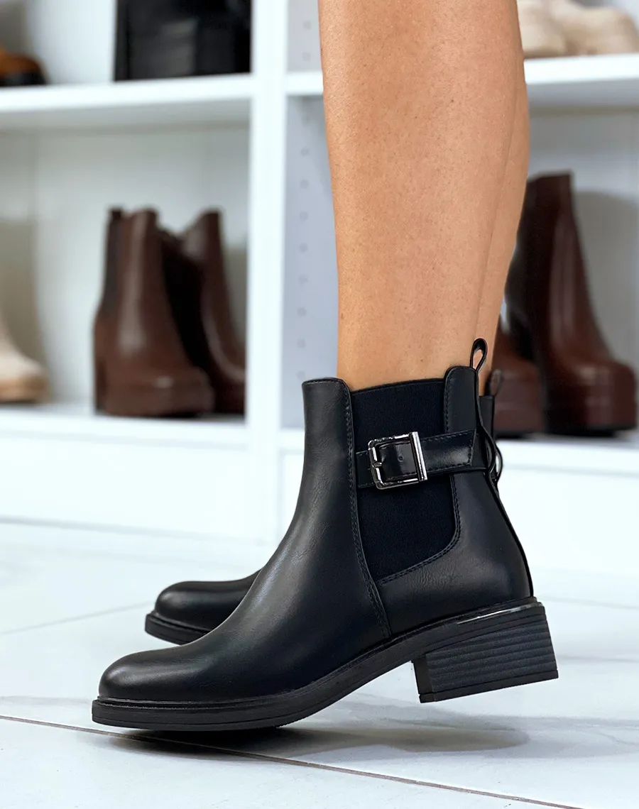 Bottines noires à lanière ajustable et talon à détail argenté