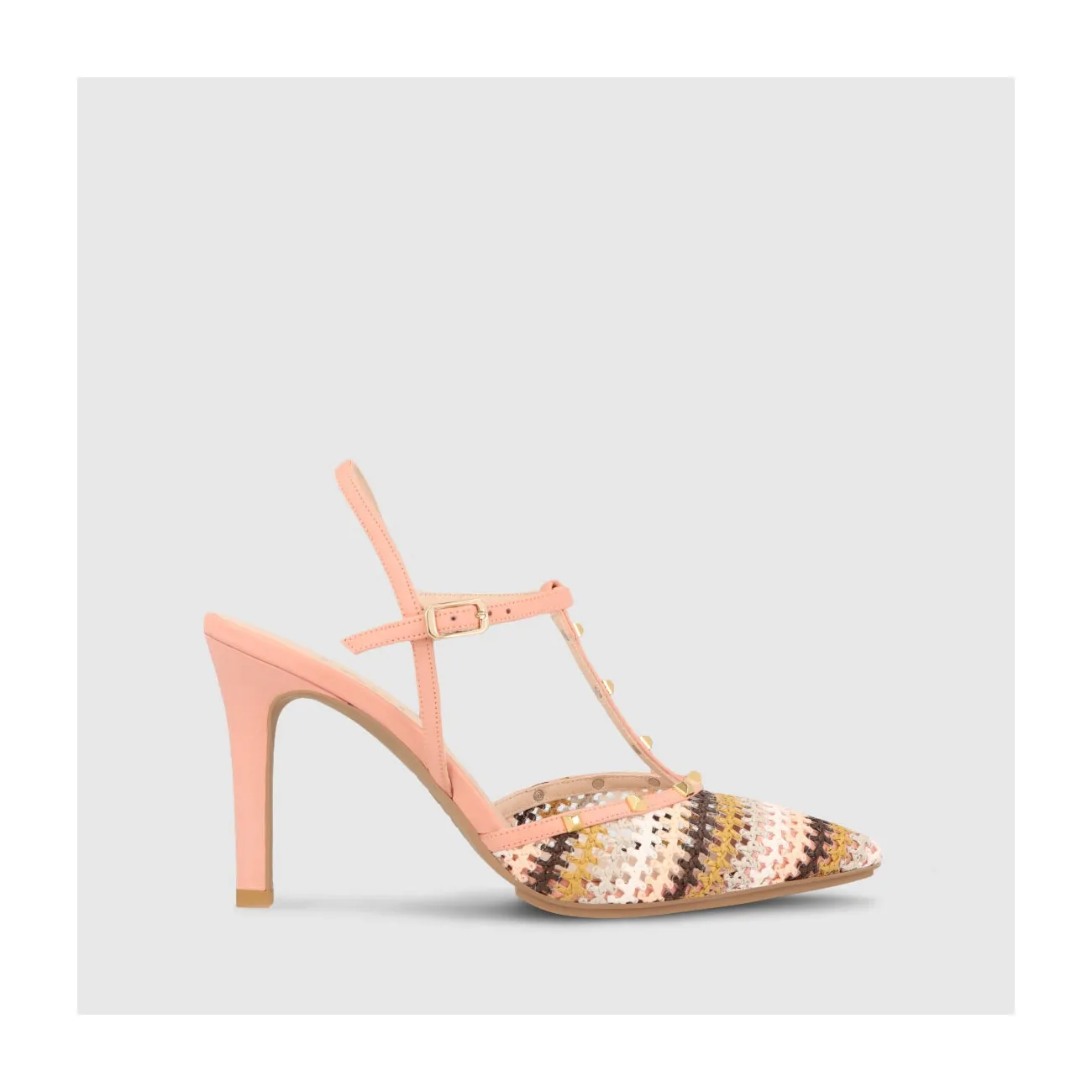 Escarpins femme à talon ouvert en cuir de couleur rose et filets | LODI Chaussures pour femme en ligne.