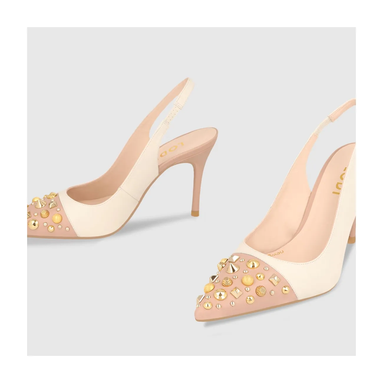 Escarpins à talon ouvert femme en cuir de couleur rose et blanc cassé | LODI Chaussures pour femme en ligne.