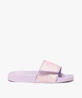 mules de piscine fille avec bandeau scratch a paillettes et dentele violet