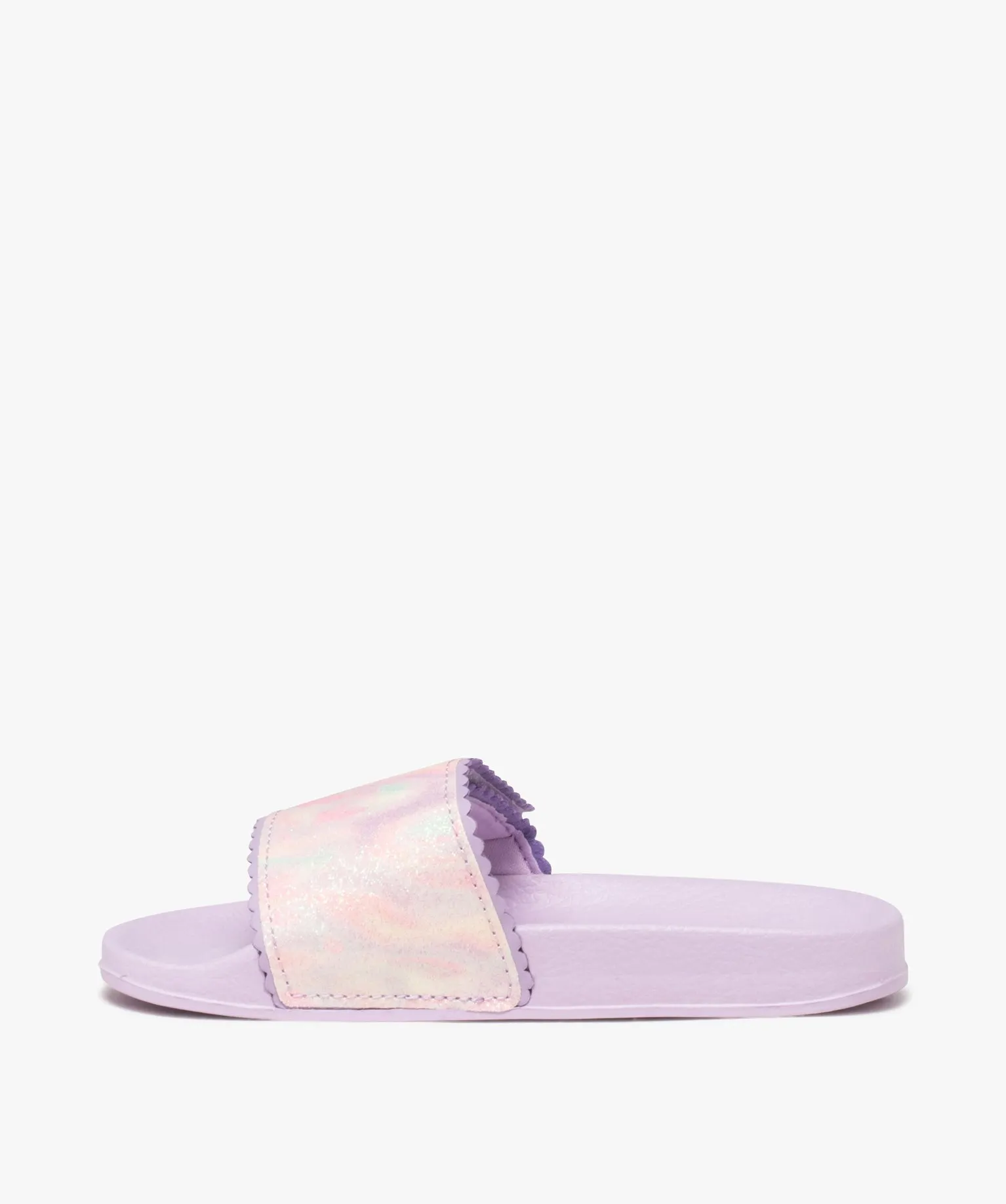 mules de piscine fille avec bandeau scratch a paillettes et dentele violet