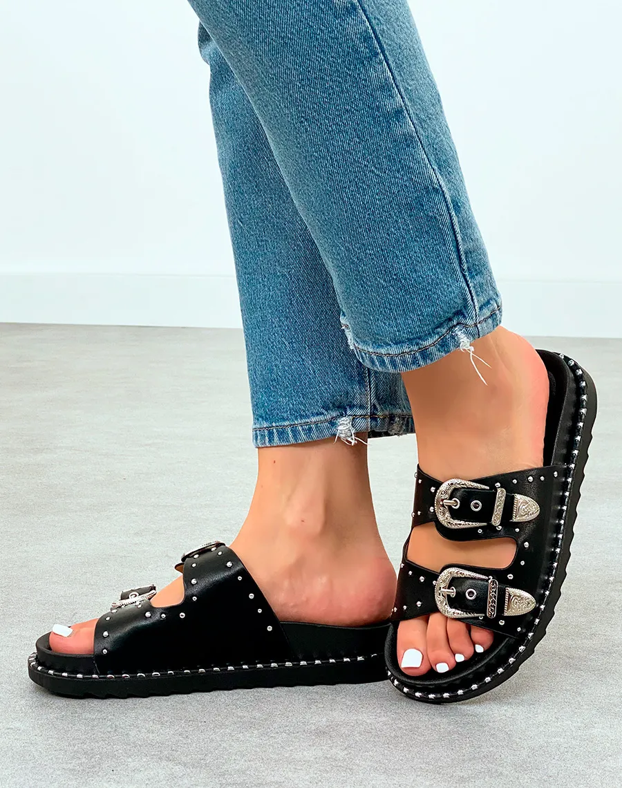 Mules Femme Noires Cloutées à Double Sangles et Semelle Épaisse Tendance