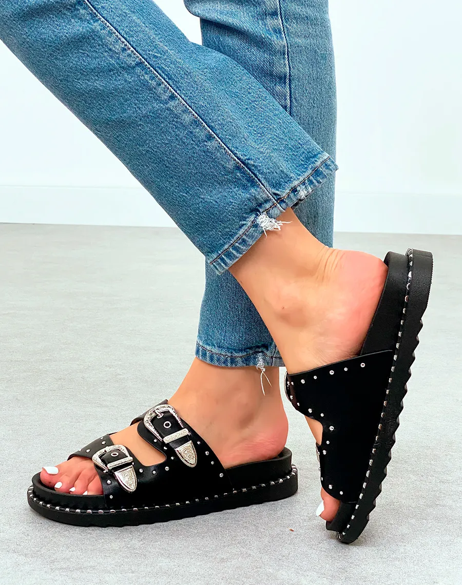 Mules Femme Noires Cloutées à Double Sangles et Semelle Épaisse Tendance