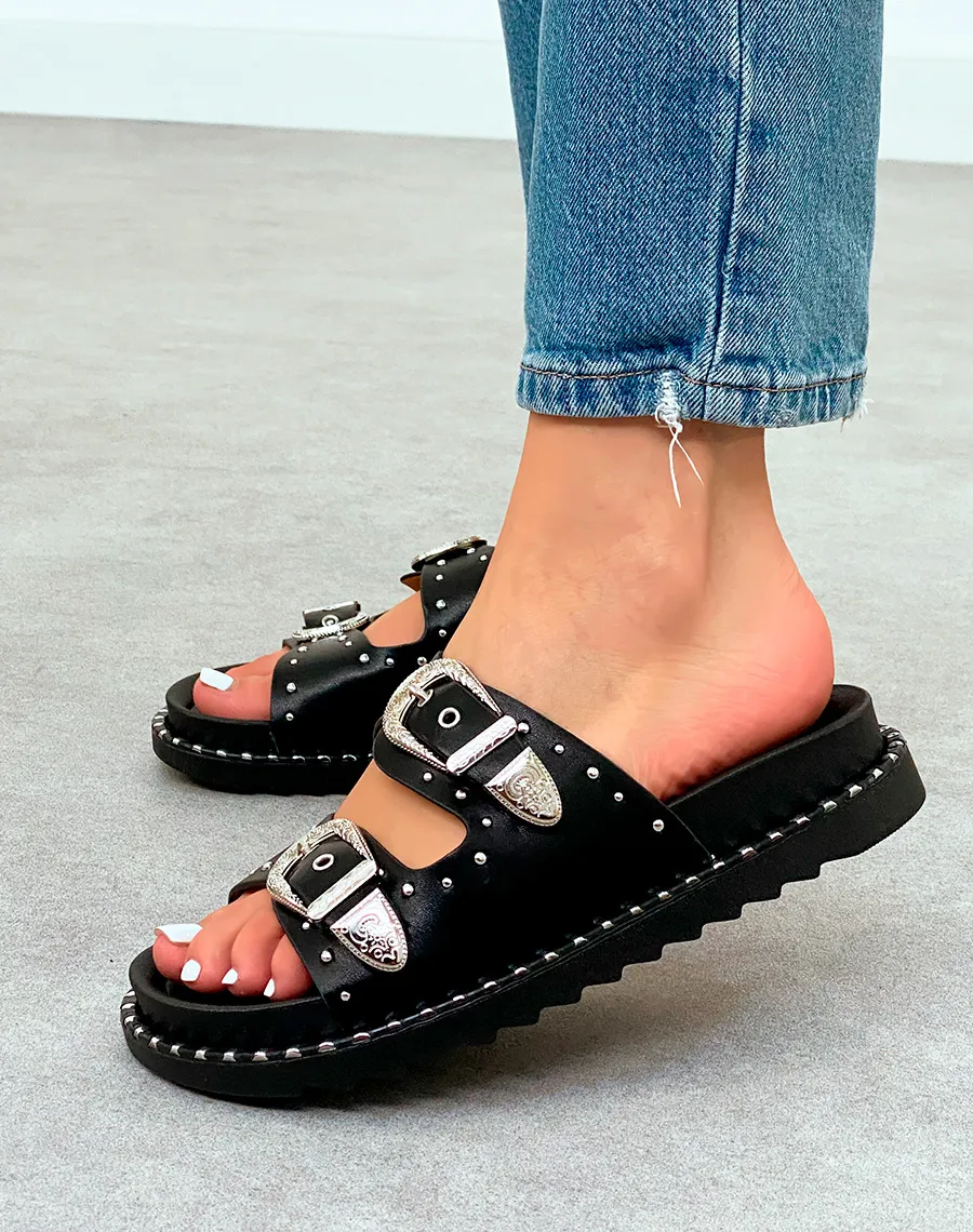 Mules Femme Noires Cloutées à Double Sangles et Semelle Épaisse Tendance