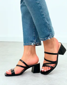 Mules Noires Femme à talon moyen avec plusieurs brides entrecroisées