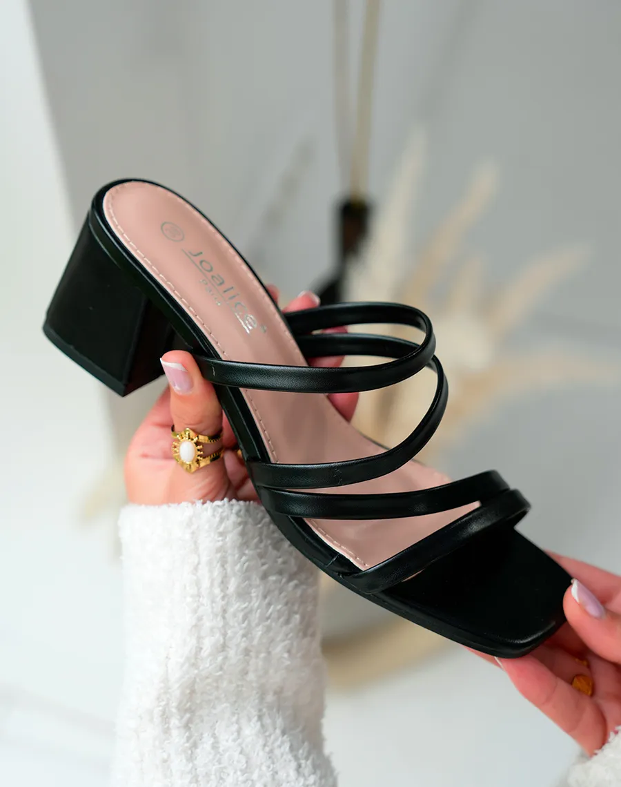 Mules Noires Femme à talon moyen avec plusieurs brides entrecroisées