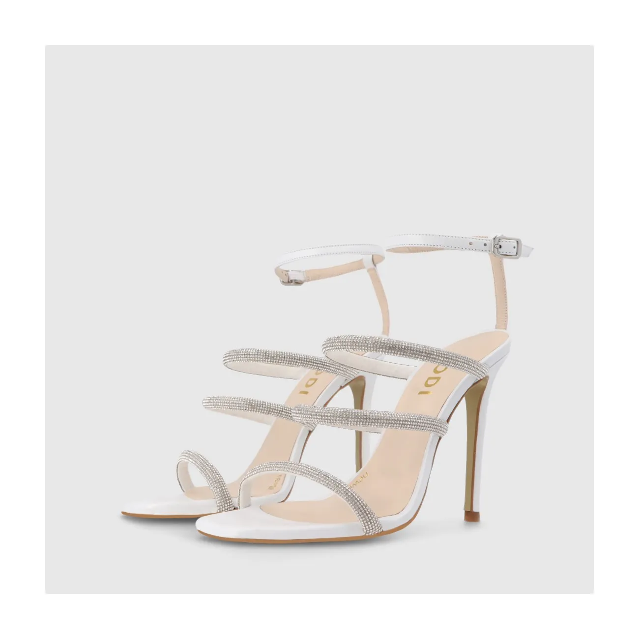 Sandale de mariée en cuir blanc avec détail de bride en cristal | Chaussures femme LODI en ligne.