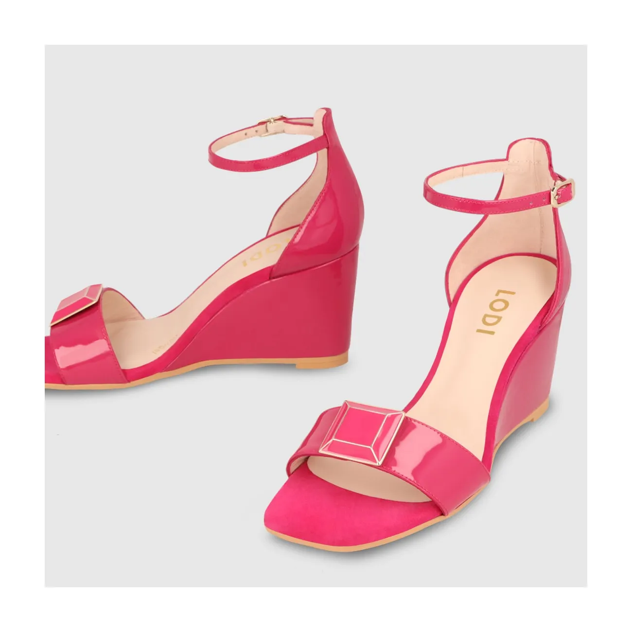 Sandales à talon compensé haut femme en cuir verni de couleur fuchsia et daim de couleur fuchsia | LODI Chaussures pour femme en