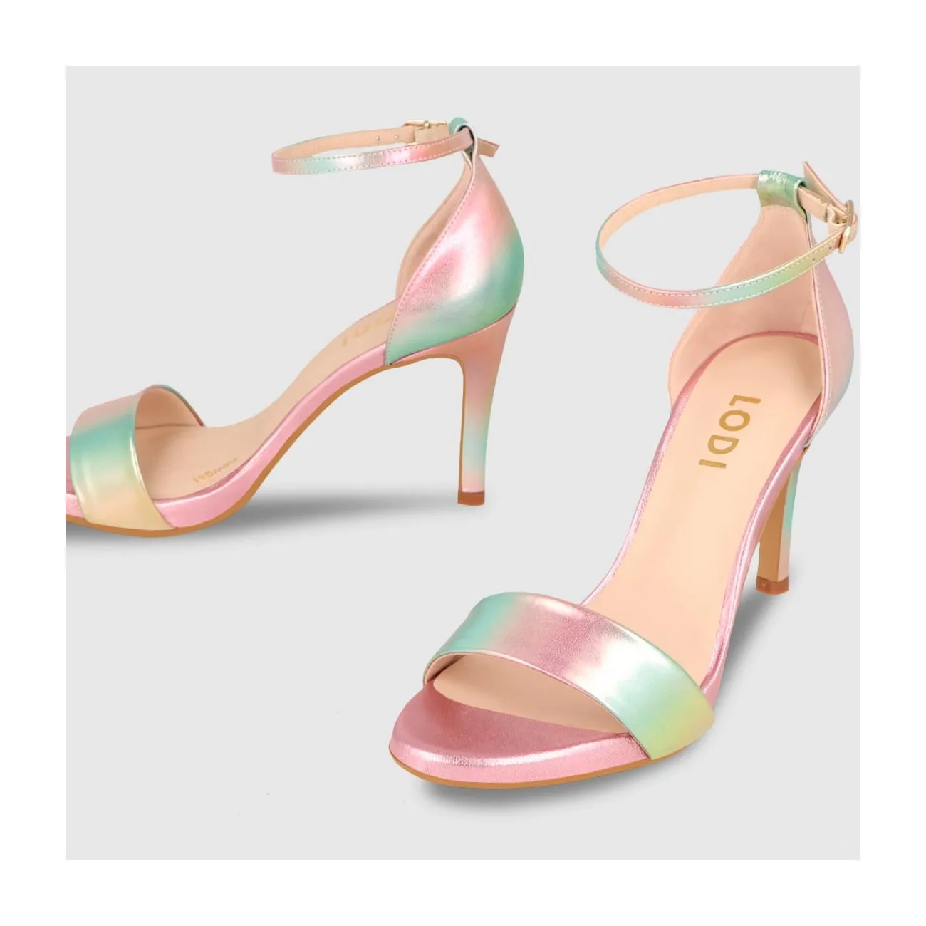 Sandales à talon femme en cuir métallisé de couleur rose multicolore | LODI Chaussures pour femme en ligne.