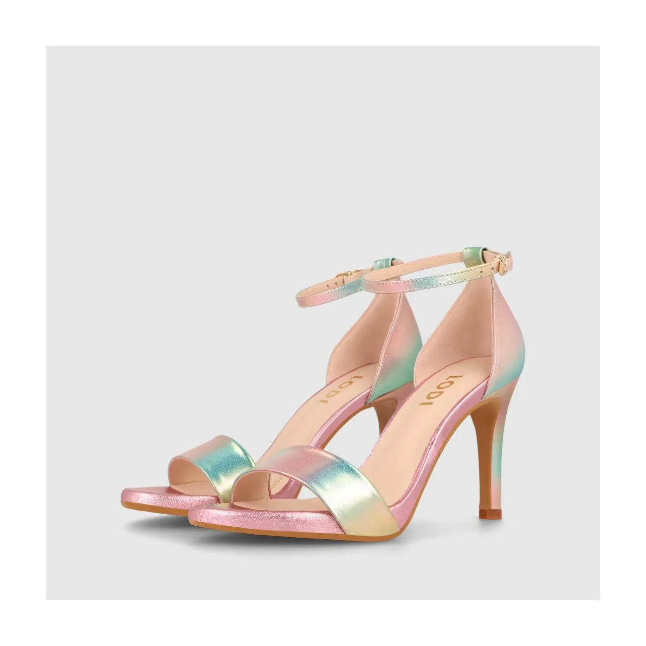 Sandales à talon femme en cuir métallisé de couleur rose multicolore | LODI Chaussures pour femme en ligne.