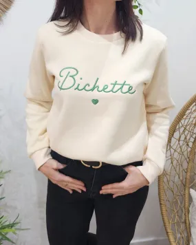 Sweat femme beige broderie Bichette verte