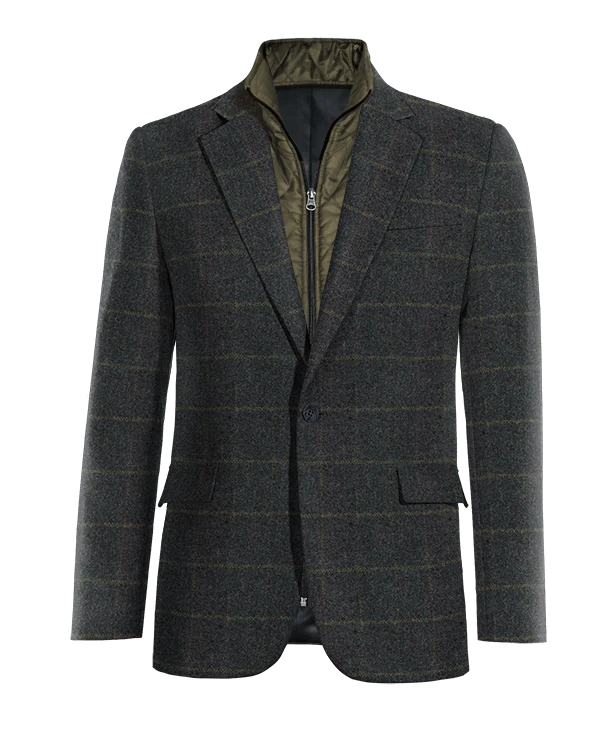 Veste bleue à carreaux en tweed à larges revers