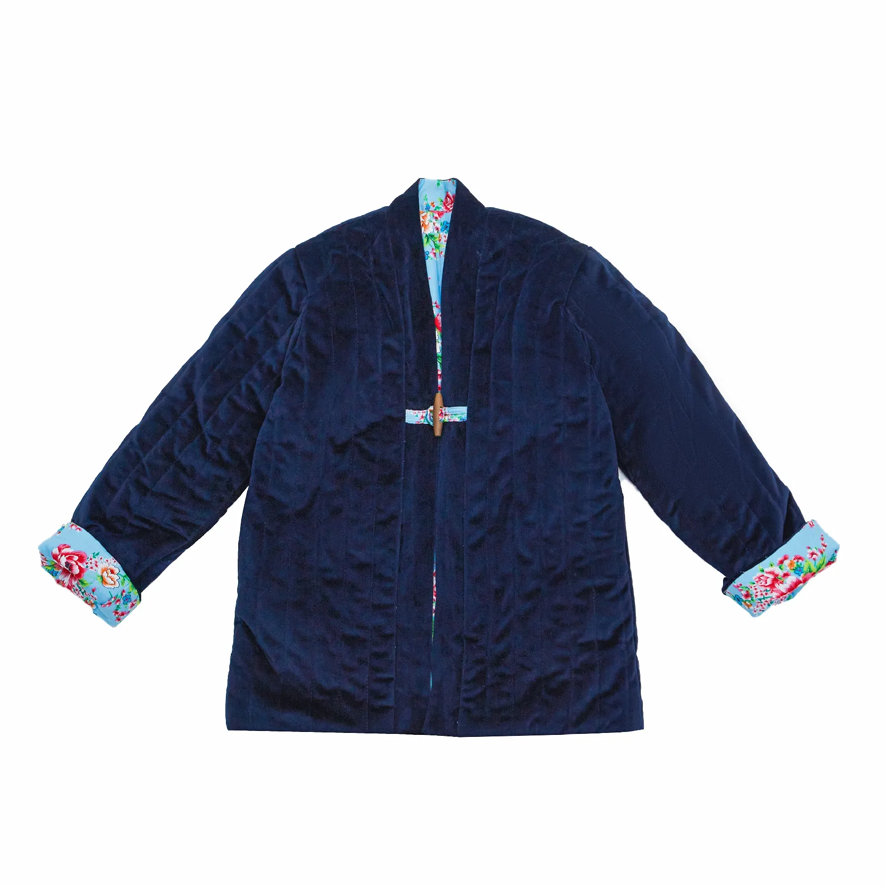 Veste Chinoise Fille | Velours Bleu Marine Réversible Fleurie Turquoise | KIM