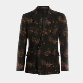 Veste croisée noire à motif floral en jacquard