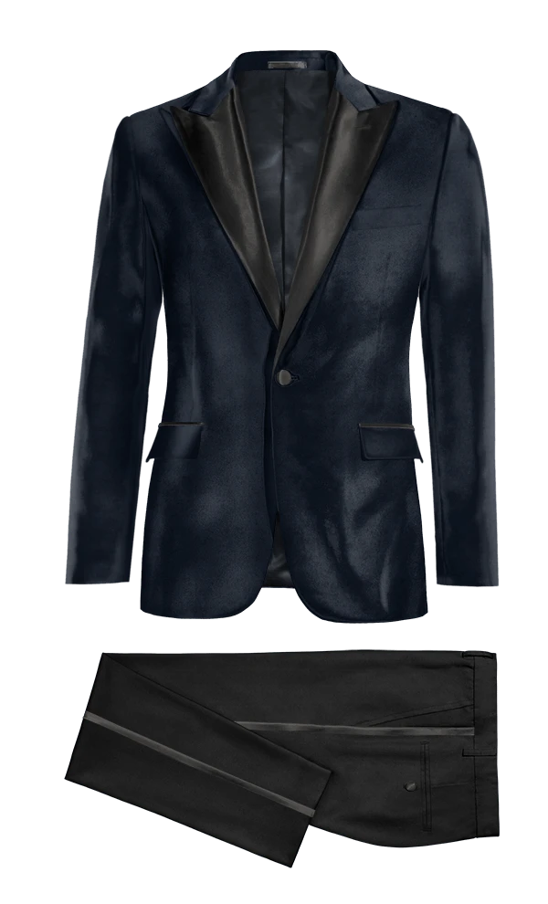 Veste de smoking bleu marine en velours avec revers noir et pantalon noir