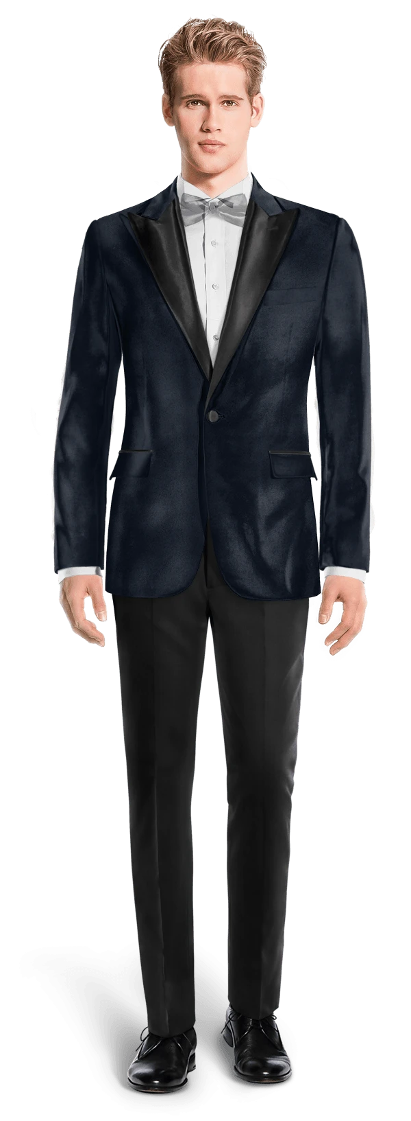 Veste de smoking bleu marine en velours avec revers noir et pantalon noir