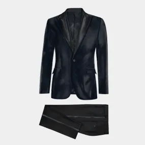 Veste de smoking bleu marine en velours avec revers noir et pantalon noir