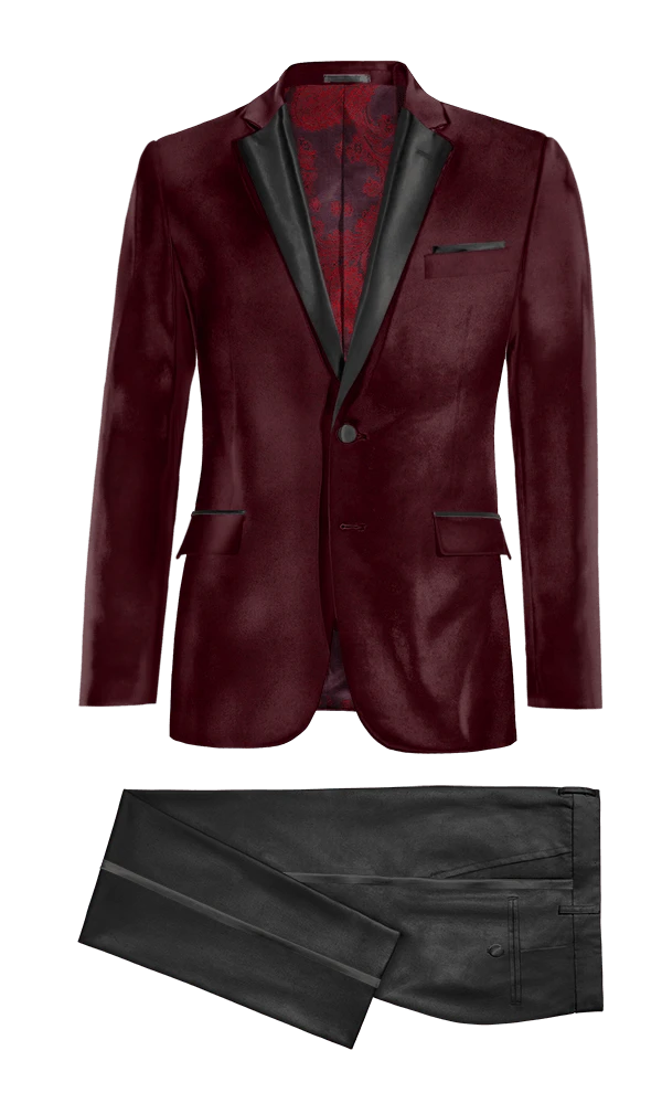 Veste de smoking bordeaux en velours avec revers noir et pantalon noir