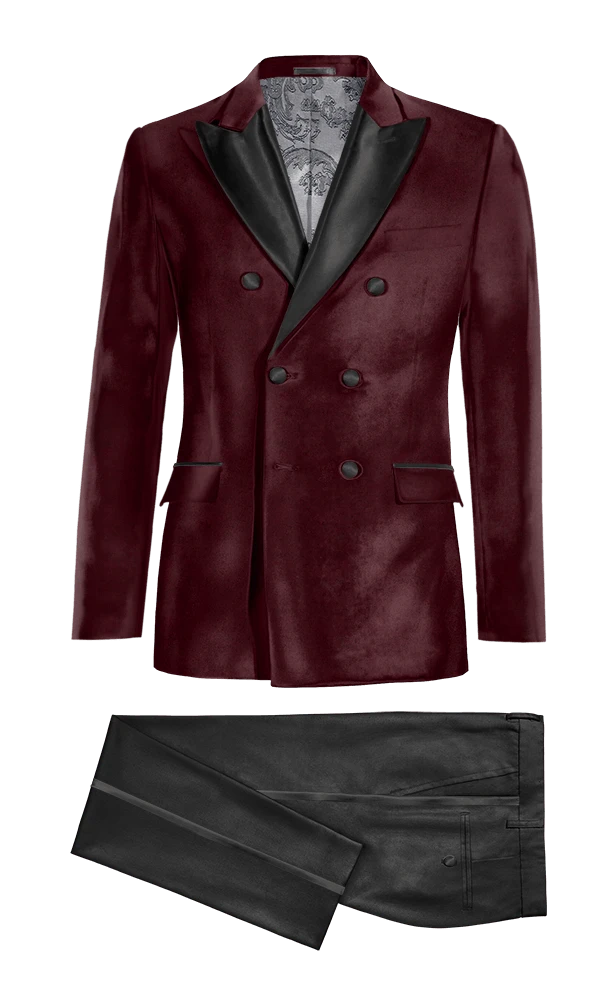 Veste de smoking croisé bordeaux en velours avec revers noir et pantalon noir