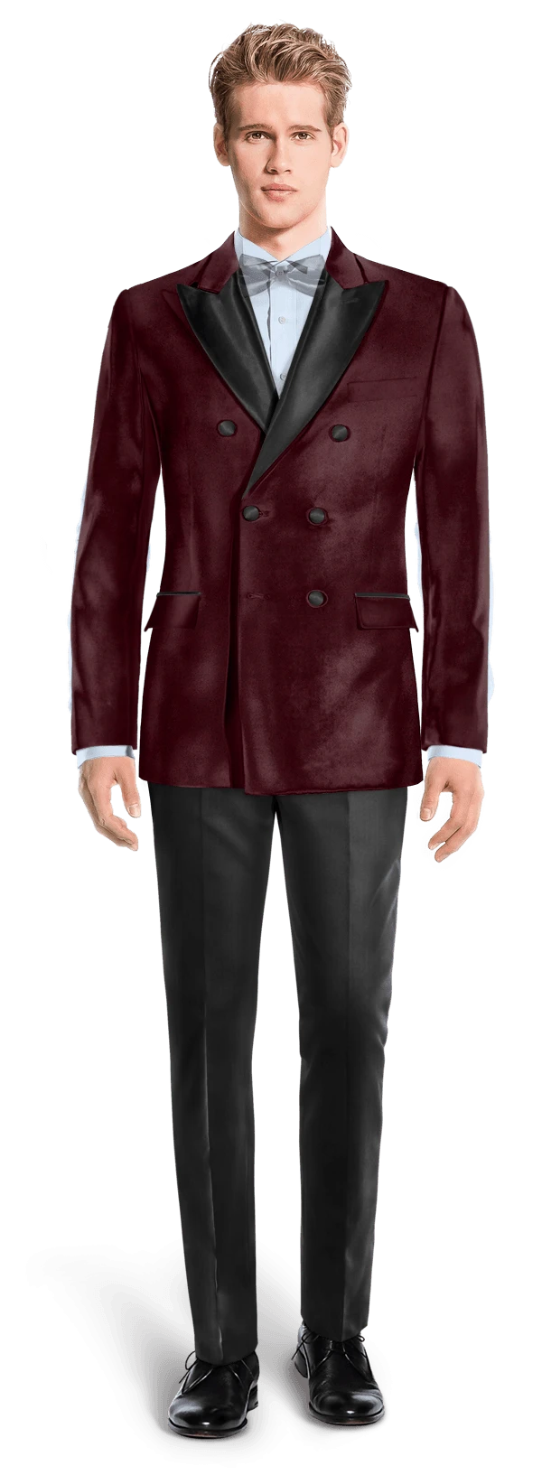 Veste de smoking croisé bordeaux en velours avec revers noir et pantalon noir