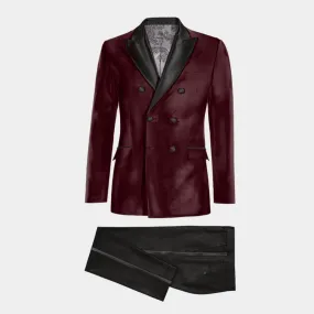 Veste de smoking croisé bordeaux en velours avec revers noir et pantalon noir